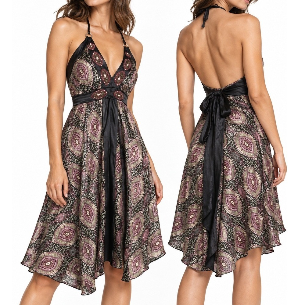 Women's Black Paisley Halter Dress Size S Beaded Empire Waist Boho Midiowy